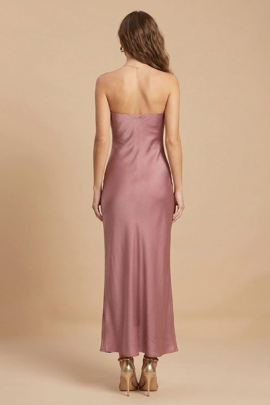 strapless dress wedding guest S Dusty Rose Satin Strapless Midi Dress for Wedding Guest