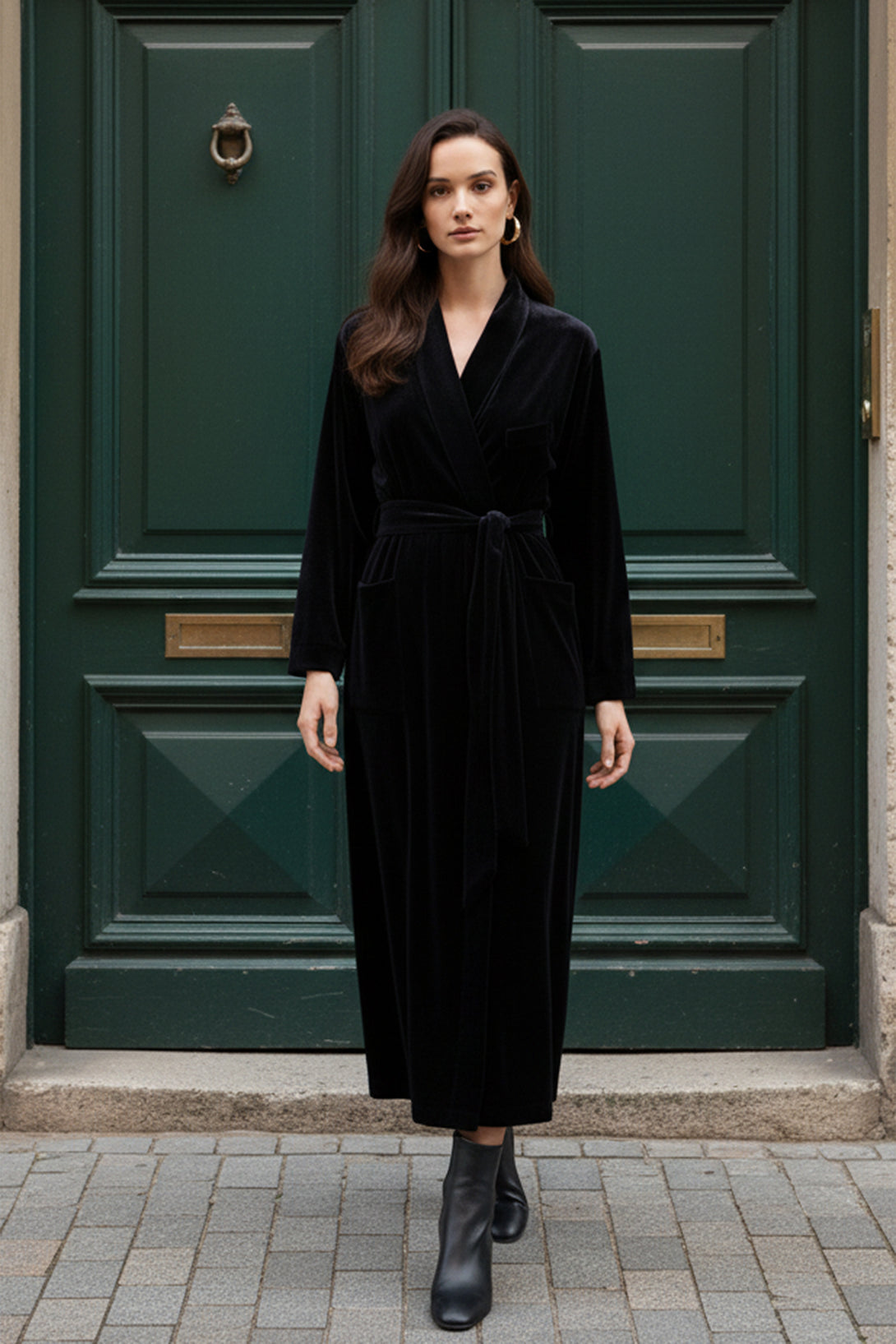 evening dress, velvet gown, fall fashion, winter dress, plush velvet, full length, robe style, belted waist