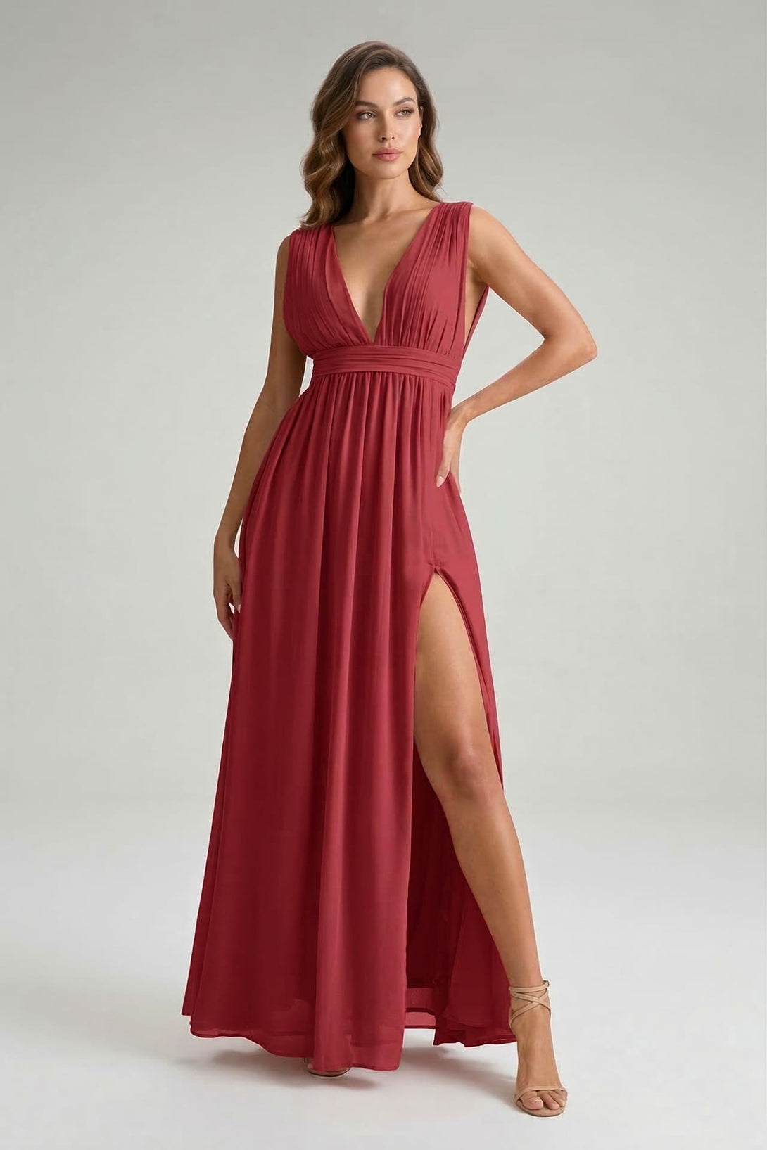 Burgundy Bridesmaid Dress Formal V-Neck Maxi