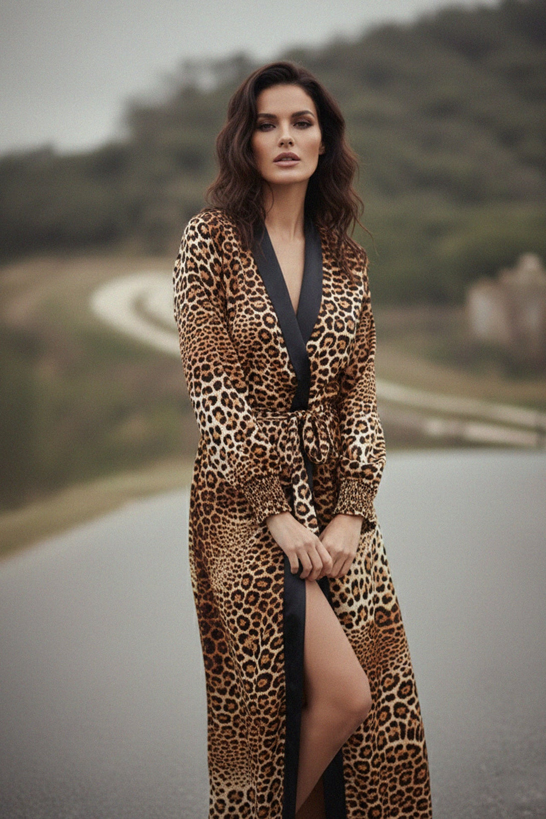 jaguar pattern robe, luxury lounge style, maxi wrap dress, black lapel detail, chic printed robe