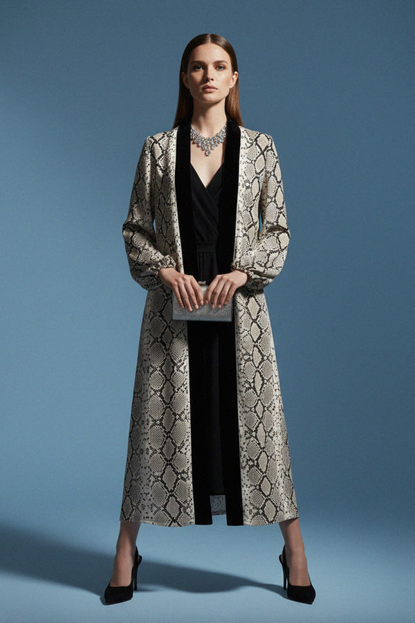 luxury kimono, silk robe, snake print, evening wear, womens fashion, designer outfit, chic layering