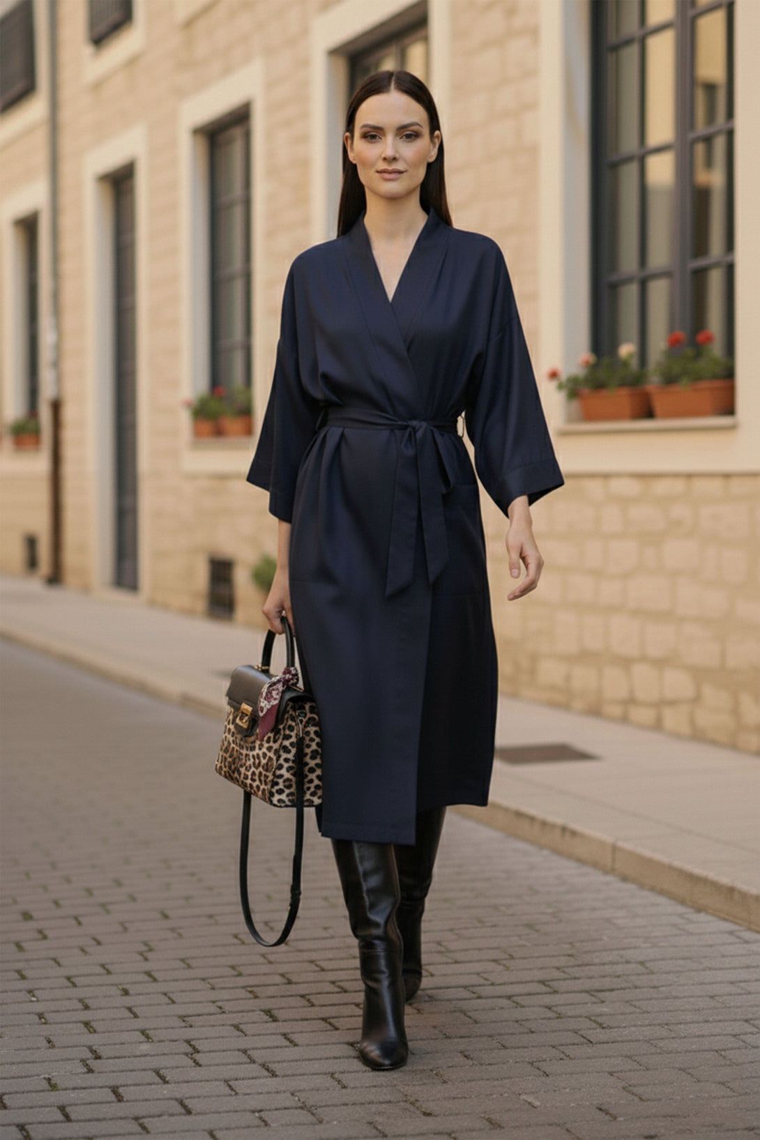 navy wrap dress, elegant midi dress, belted women dress, kimono sleeve dress, chic fall outfit