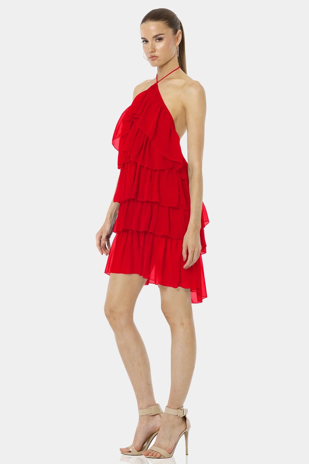 Small Red Halter Neckline Mini Ruffle Dress