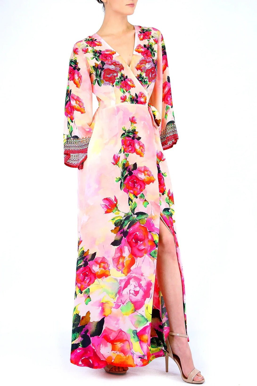 smart elegant dress code for men Floral Pink Wrap Maxi Dress with Sleeves