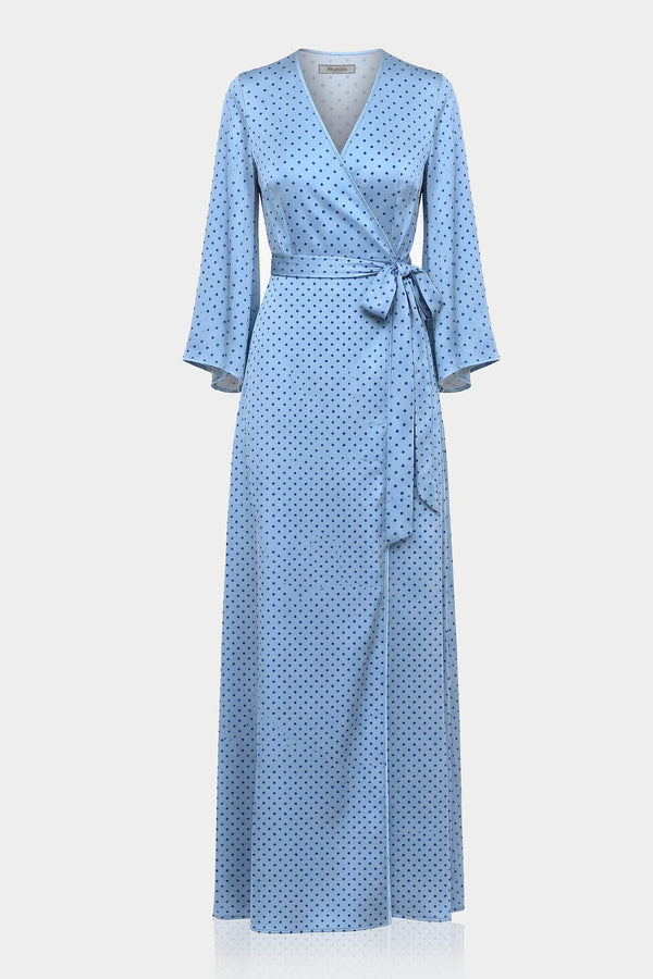 Standard / S Powder Blue Polka Dot Satin V-Neck Wrap Maxi Dress with High Slit- Maternity Friendly Dress