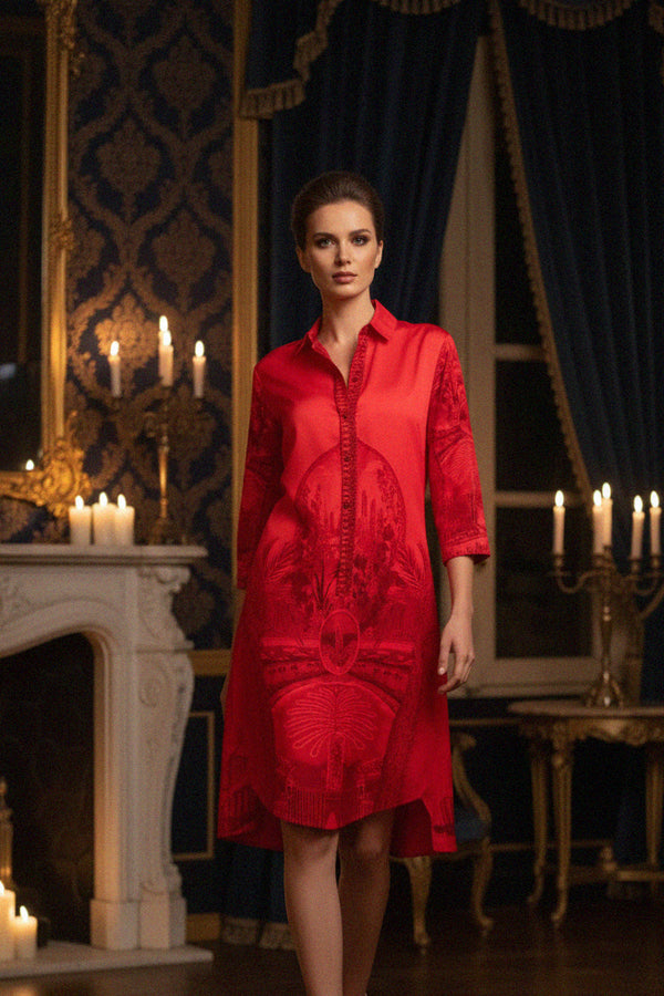 Elegant Shahida Parides red midi shirt dress with artistic detailing and a button-down design styled in a luxurious royal setting