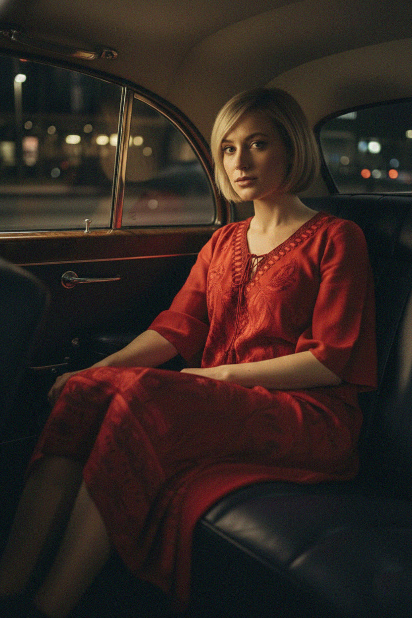 Elegant red Shahida Parides mini dress sitting in vintage car facing camera luxury night look