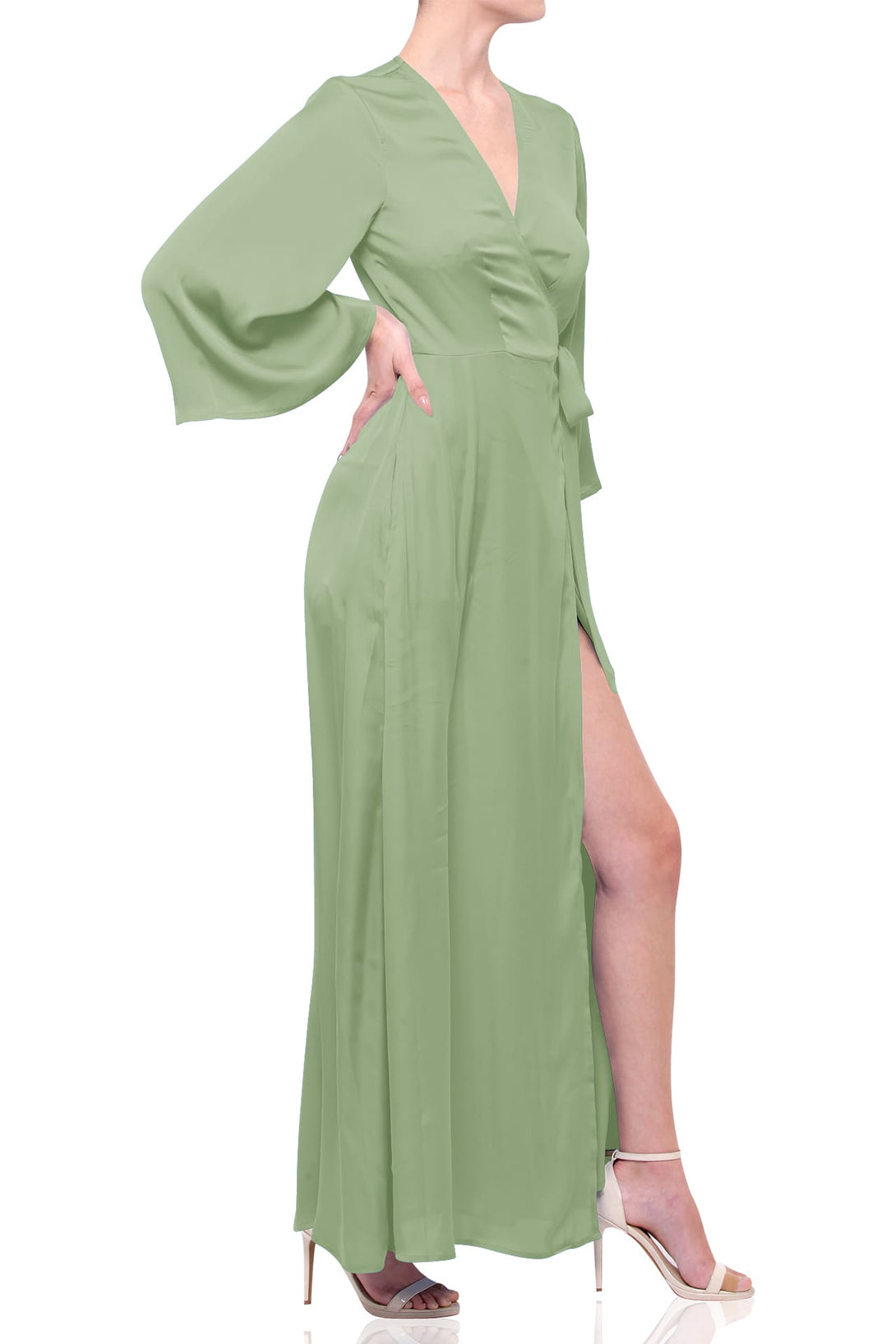 wrap dress for wedding S Sage Satin Wrap Bridesmaid Dress – Elegant Maxi Wedding Party Dress