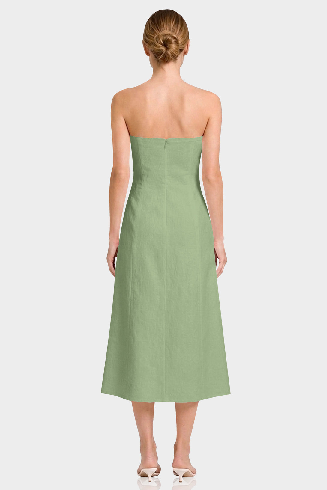 S Sage Green Strapless Cotton Midi Dress with Handcrafted Floral Detail