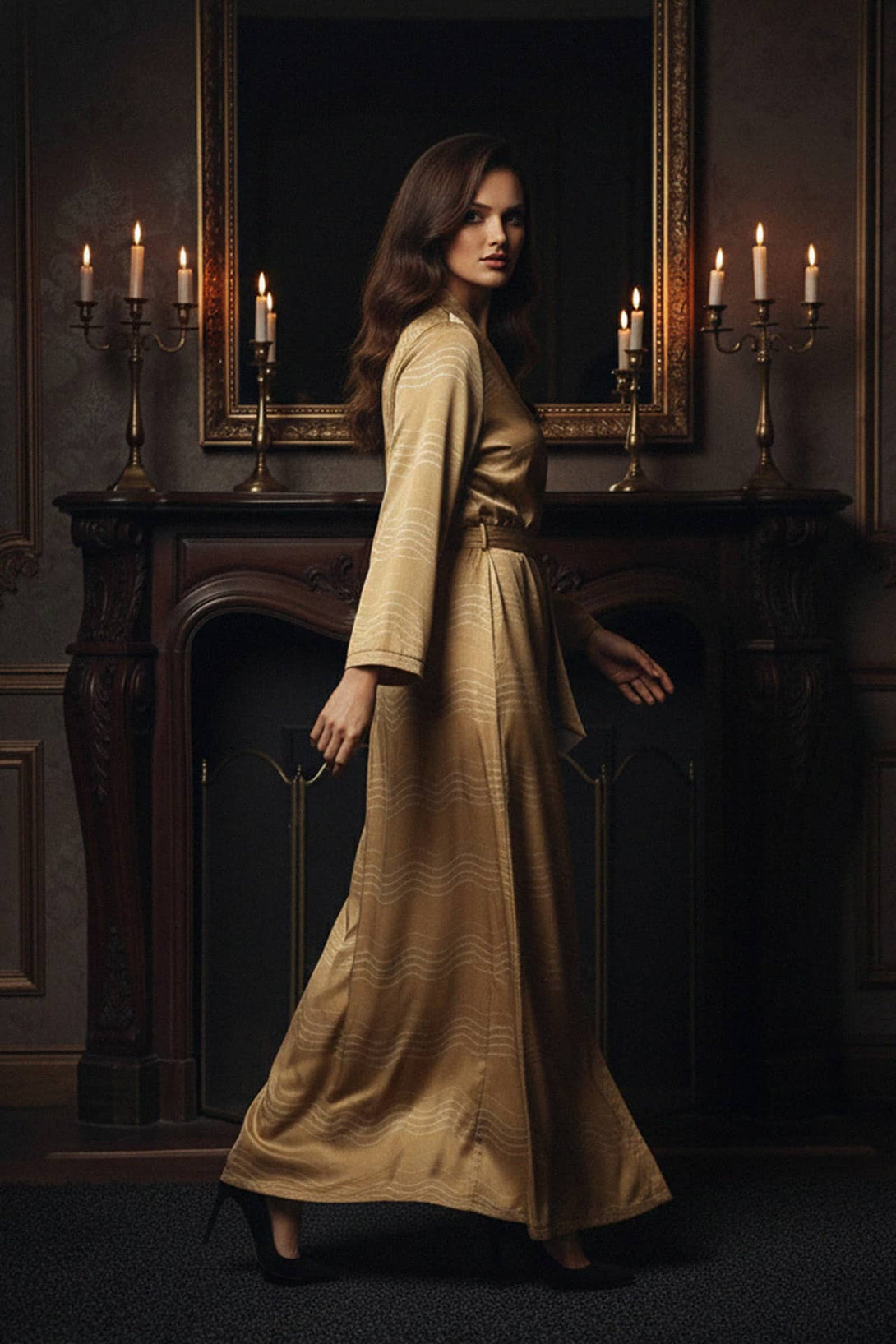 luxury wrap dress, collared silk midi, shahida designer wear, robe print pattern, satin wrap fashion