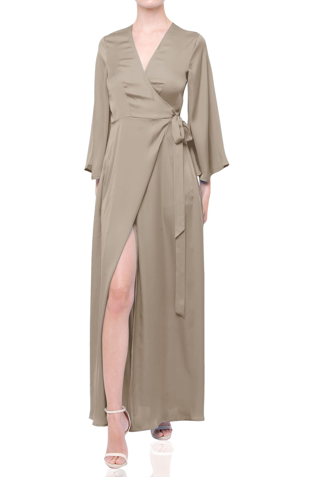S Taupe Satin Wrap Maxi Bridesmaid Dress