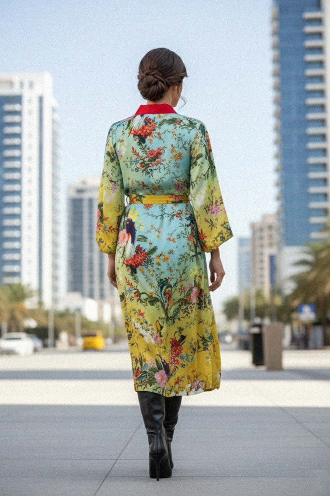 kimonos for women, green silk kimono, city fashion look, luxury print robe, statement kimono dress