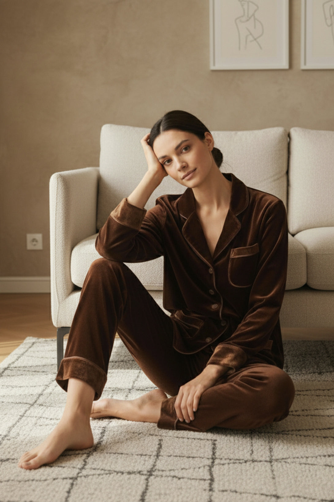 women’s velvet set, warm luxe outfit, brown sleep set, velvet lounge fashion, cozy home style