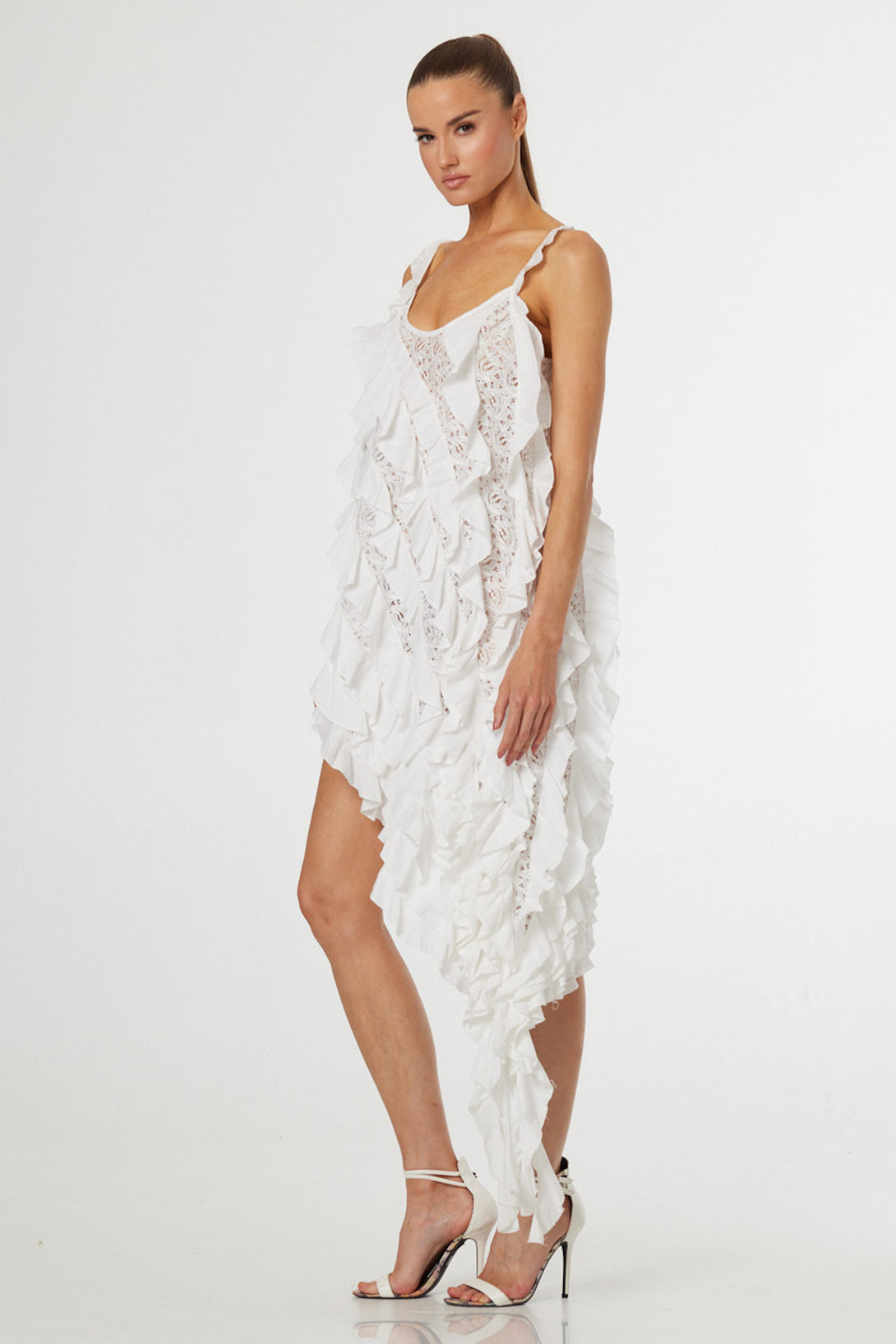 white ruffle asymmetrical dress Celeste White Asymmetrical Ruffle Maxi Dress M