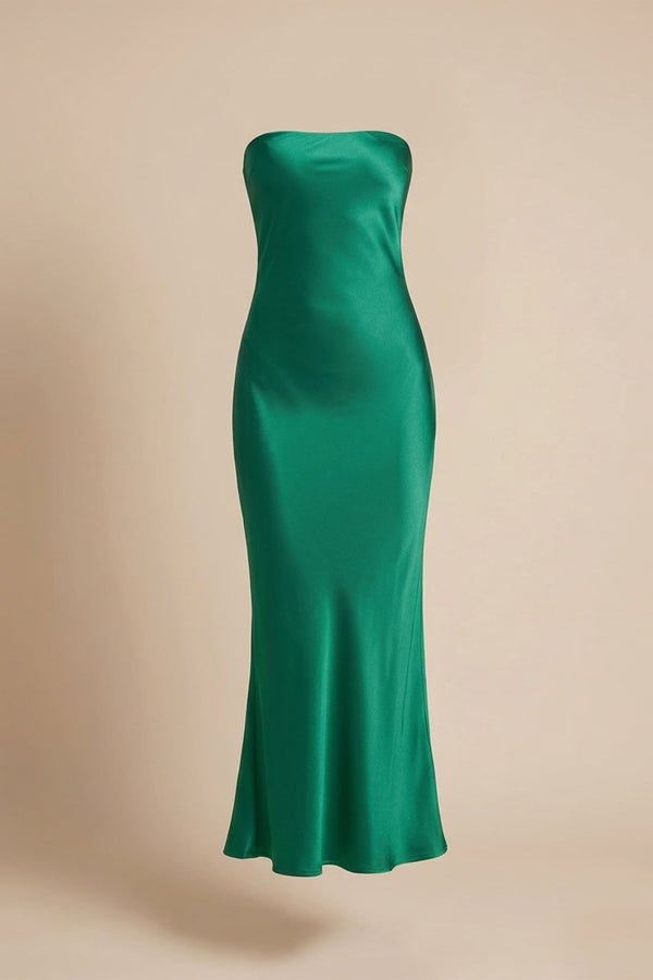 S Emerald Satin Strapless Bias Cut Midi Dress for Formal Events