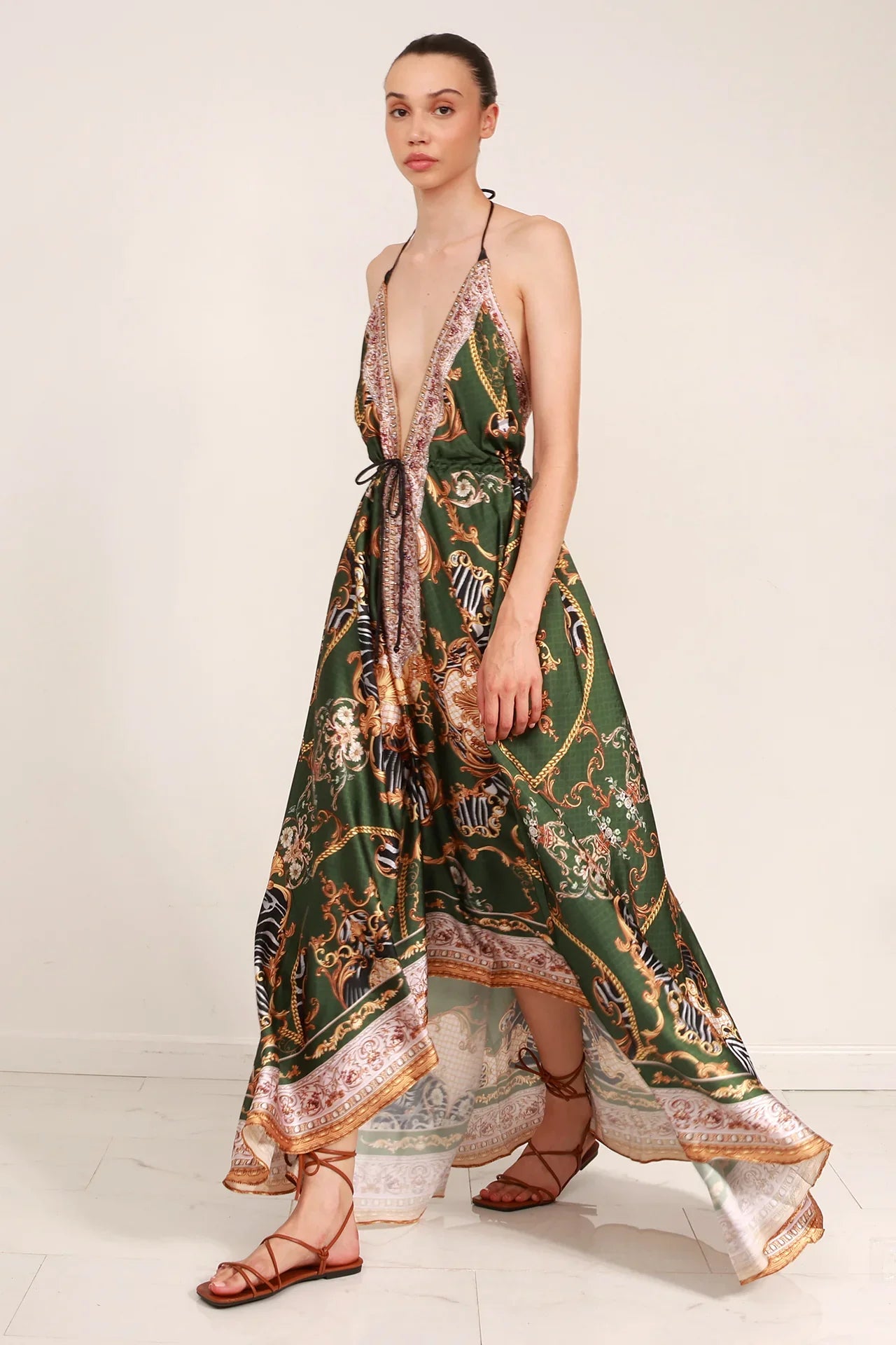 Emerald Green Animal Print Scarf Maxi Dress