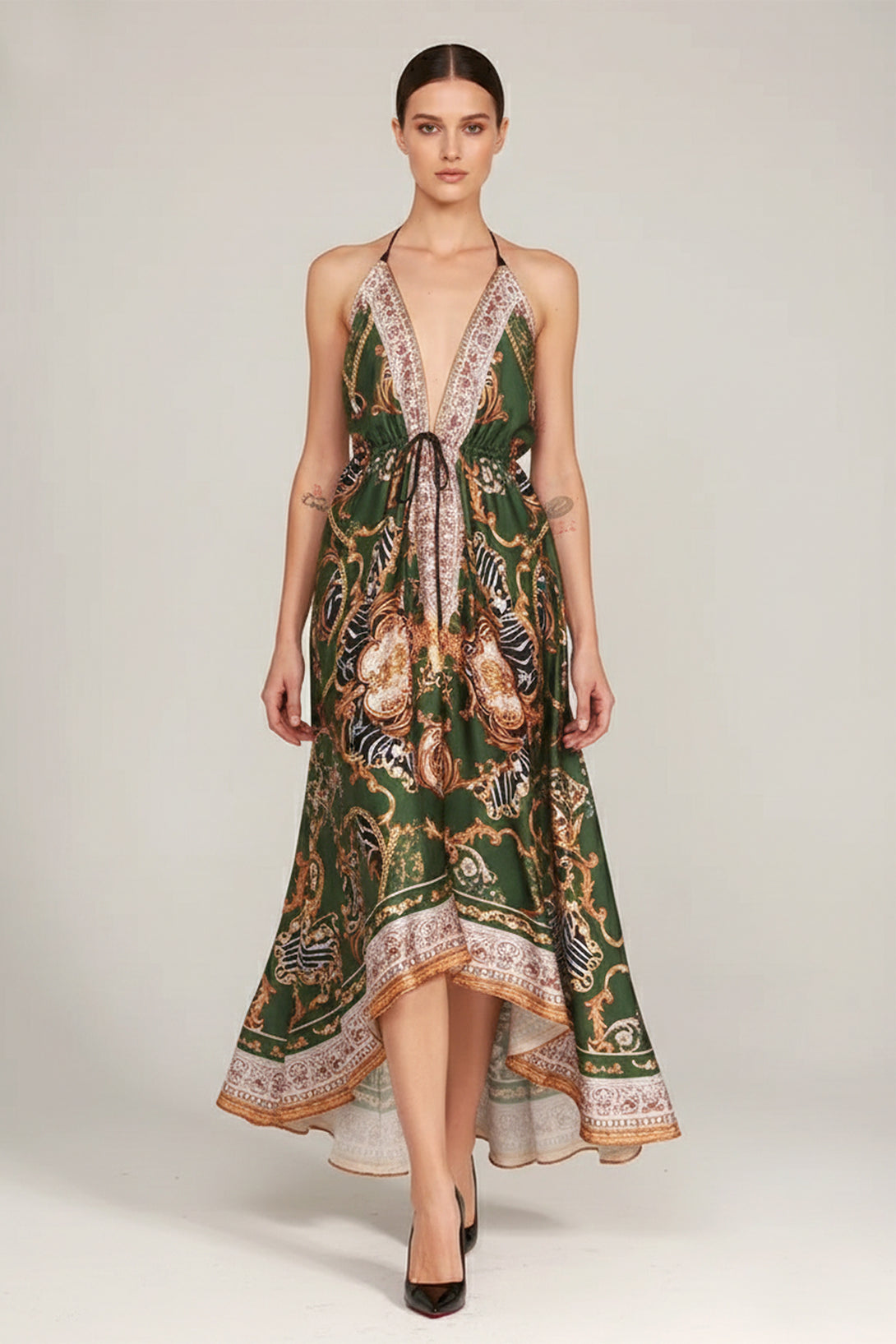 Emerald Green Animal Print Scarf Maxi Dress