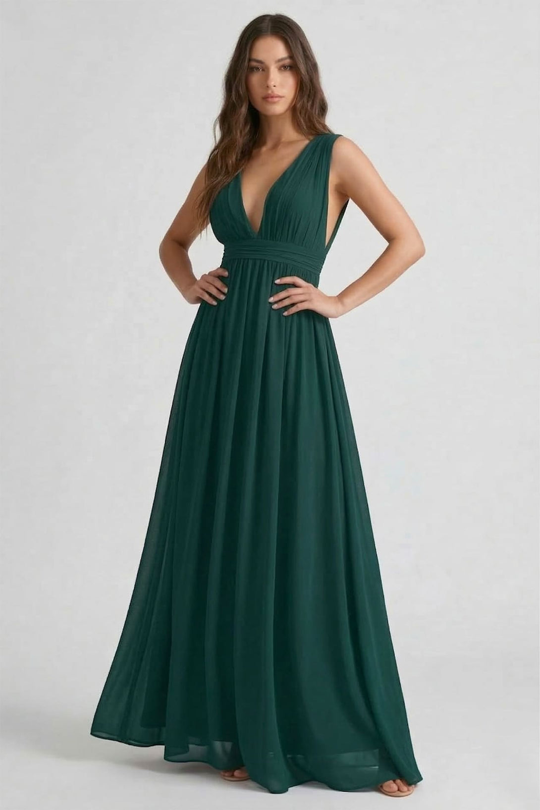 S / With Slit Emerald Green V-Neck Bridesmaid Dress Elegant Flowy Wedding Party Gown S / With Slit Emerald Green V-Neck Bridesmaid Dress Elegant Flowy Wedding Party Gown