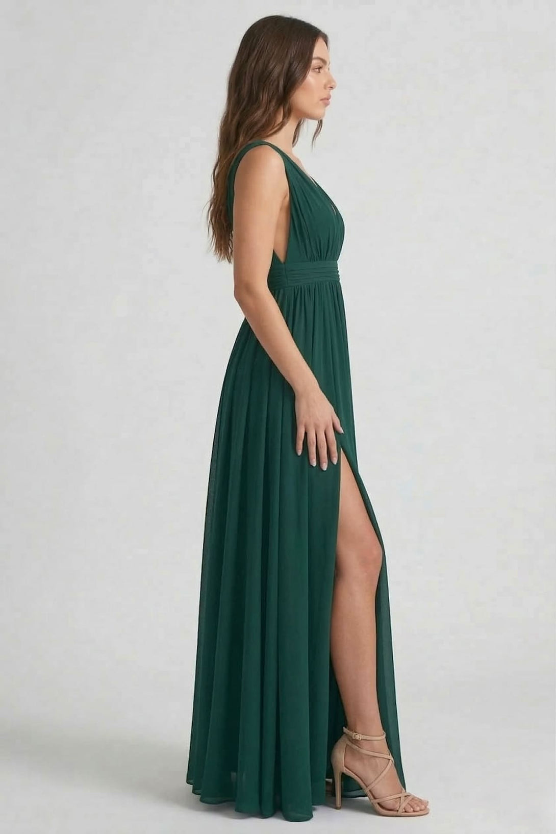 S / With Slit Emerald Green V-Neck Bridesmaid Dress Elegant Flowy Wedding Party Gown S / With Slit Emerald Green V-Neck Bridesmaid Dress Elegant Flowy Wedding Party Gown