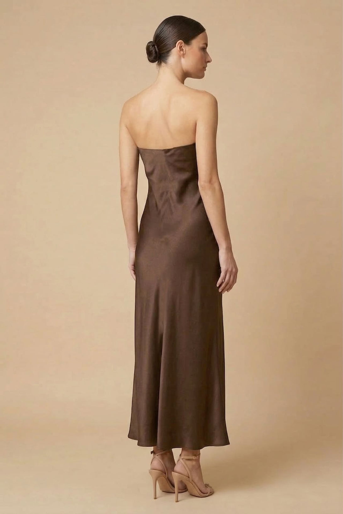 S Espresso Chocolate Strapless Midi Bridesmaid Dress
