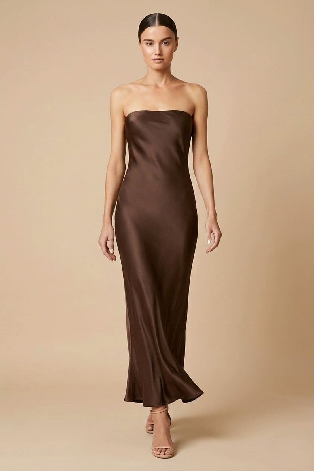 Designer Espresso Chocolate Strapless Satin Bridesmaid Dress Shahida Parides Designer Espresso Chocolate Strapless Satin Bridesmaid Dress Shahida Parides