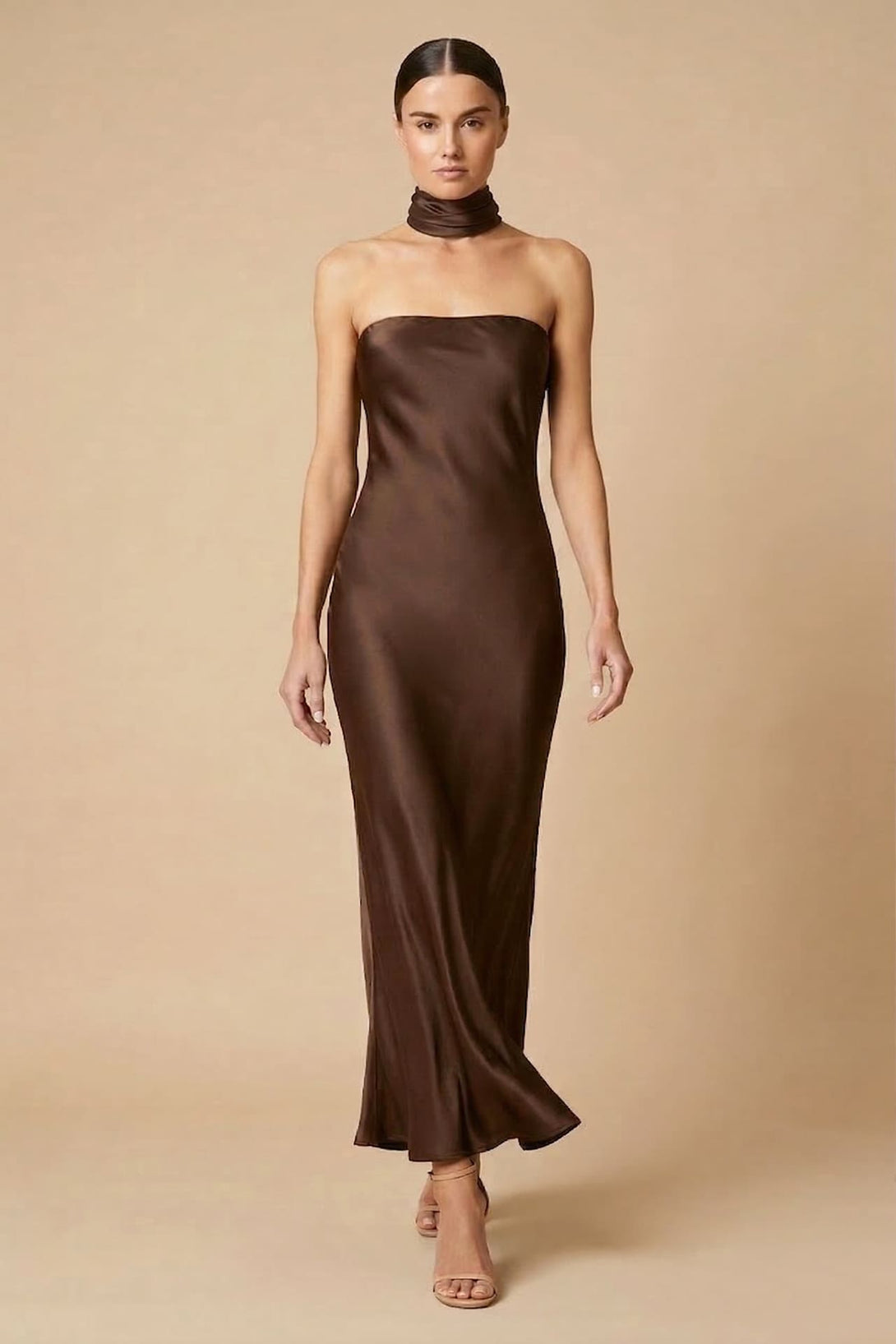 espresso satin dress Amoris T727 Elegantly Draped Fitted Satin Formal Gown Espresso / M