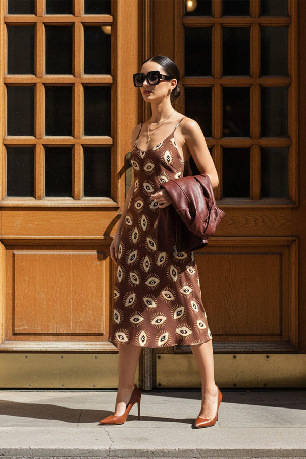 elegant brown midi dress evil eye style, Shahida,