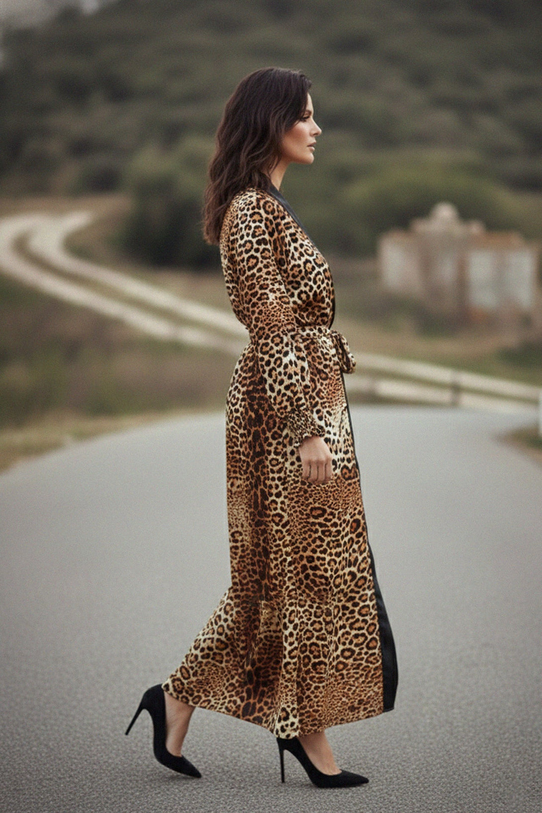 fashion robe women, deep black trim, elegant animal print, silky lounge gown, long belted robe
