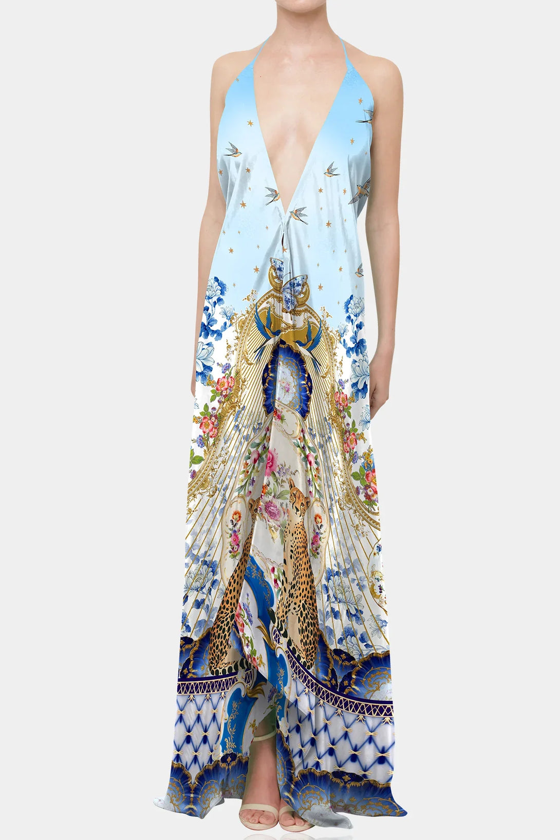 One Size Romantic Blue Open Back Maxi Dress with Embellished beaded detail One Size Romantic Blue Open Back Maxi Dress with Embellished beaded detail