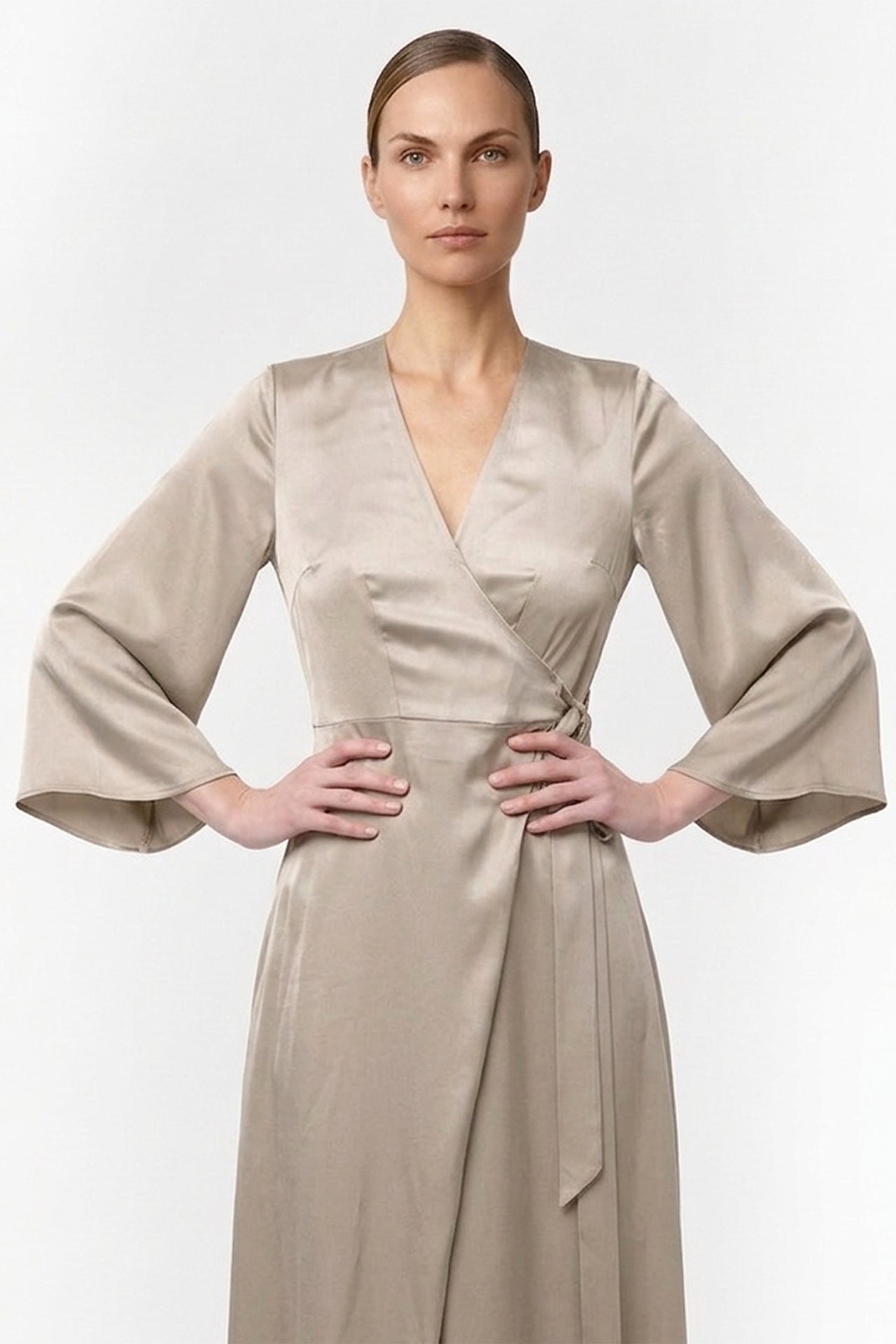 S Champagne Taupe Wrap Maxi Dress – Best Flattering Wrap Dress for All Body Types Summer