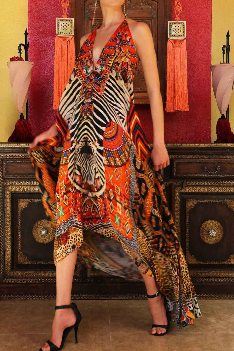  bright orange maxi dress, long summer dresses for women, plunge neck cocktail dress, Shahida Parides,