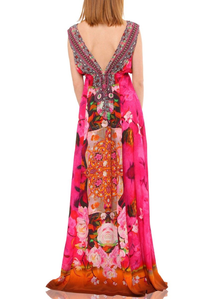  maxi dress hot pink, summer maxi dresses for women, plunging v neck formal dress,