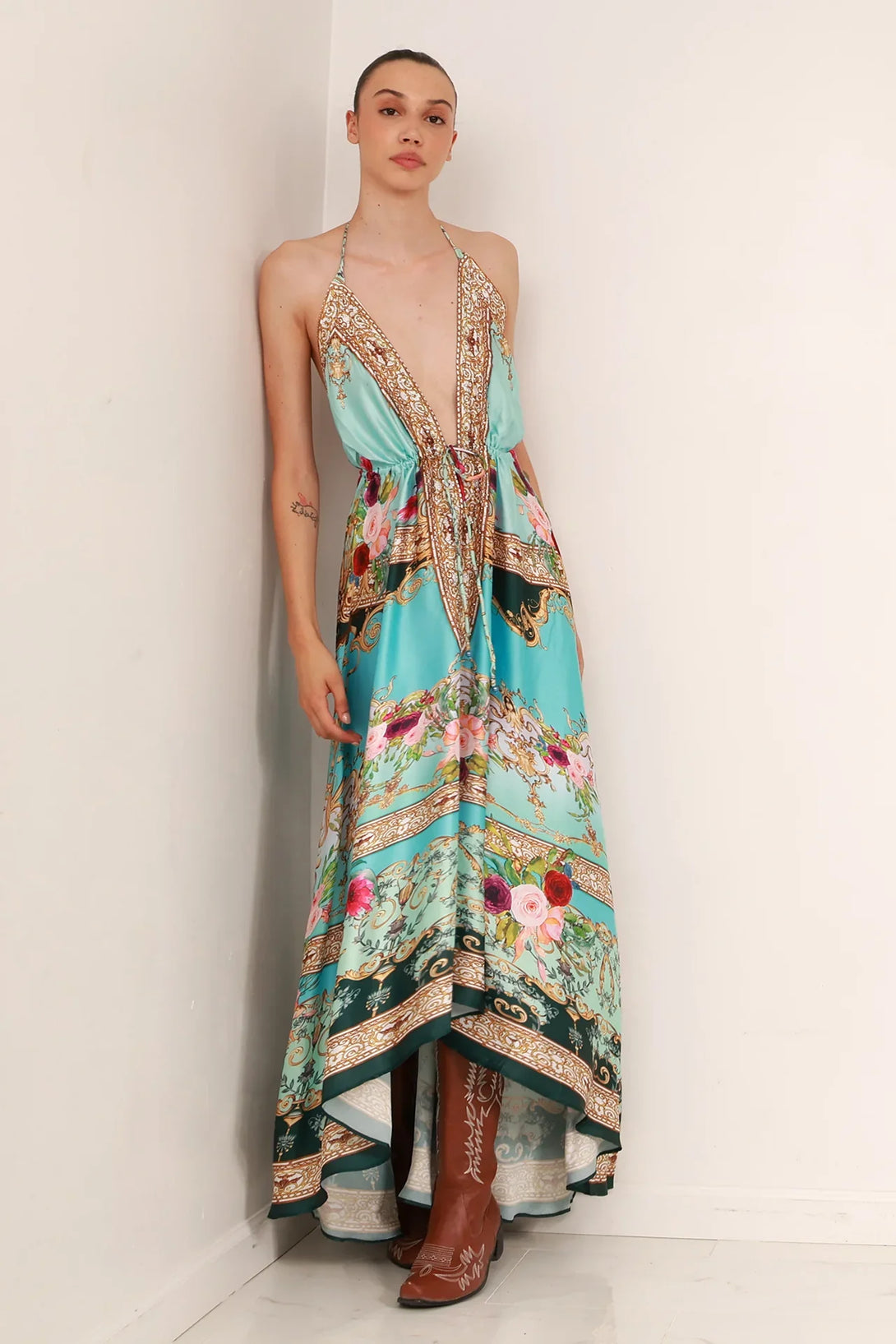 Floral Scarf Neck Maxi Dress