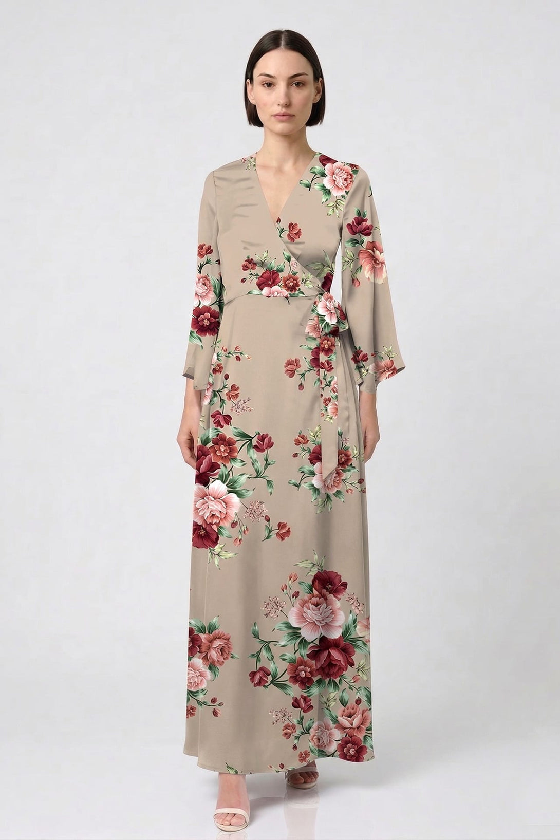 designer floral wrap dress Boho Floral Wrap Maxi Dress: Olive Green Cotton Summer Dress