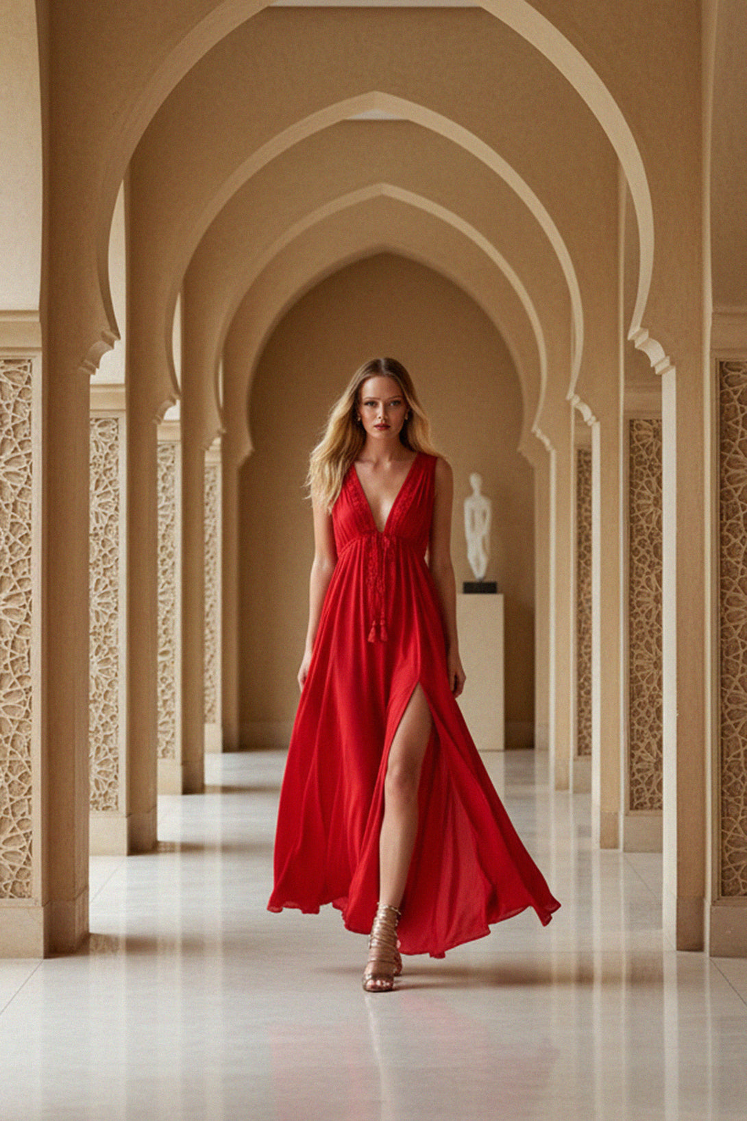 boho chic, resort glamour, modern elegance, red chiffon, feminine movement, sunset tones, shahida parides