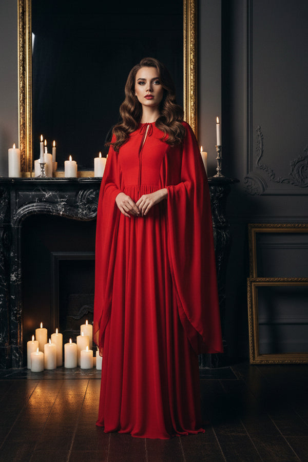 Red Long Flowy Dresses With Sleeves