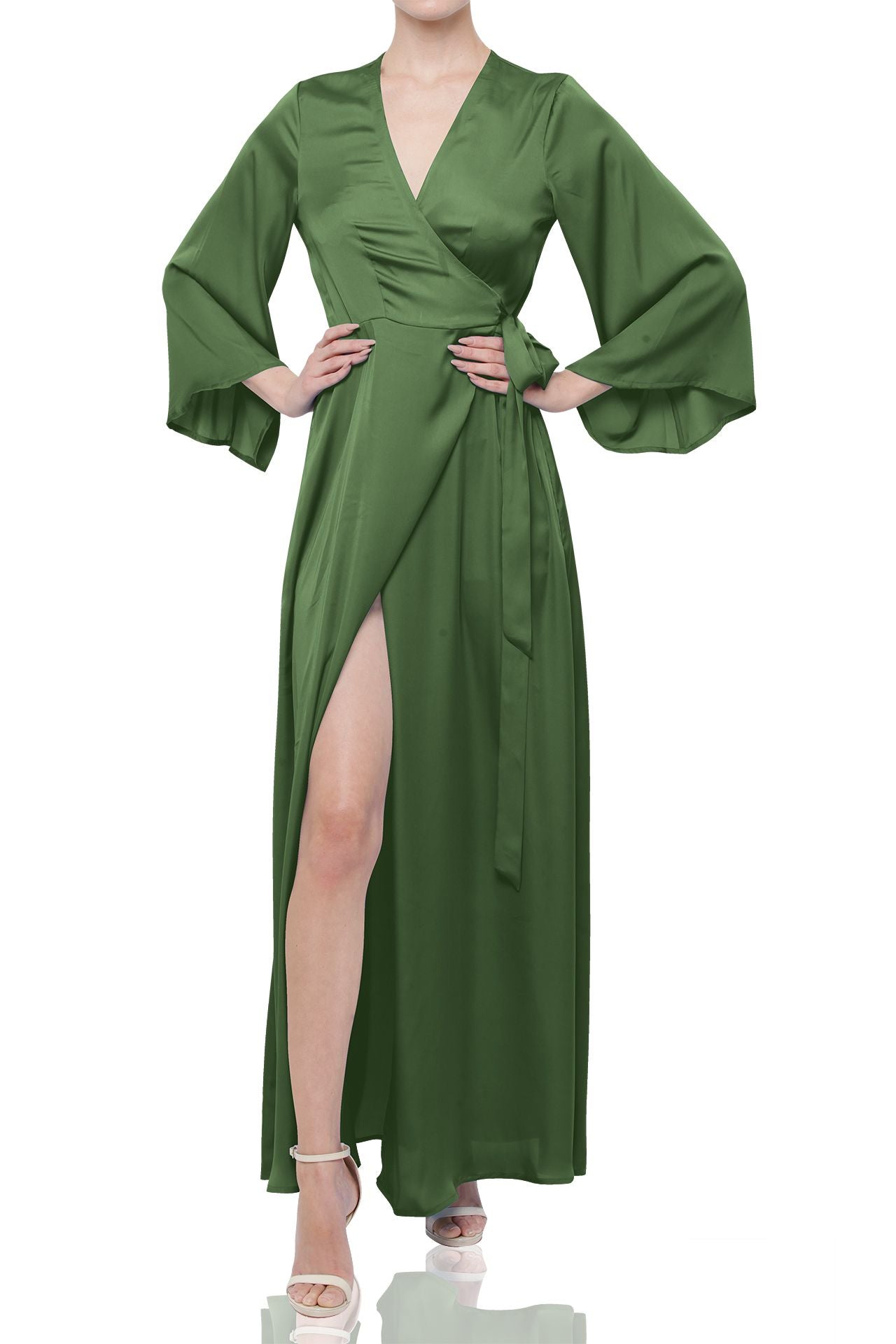 S Forest Green Satin Wrap Maxi Dress – Bridesmaid Dress for Spring Summer Weddings