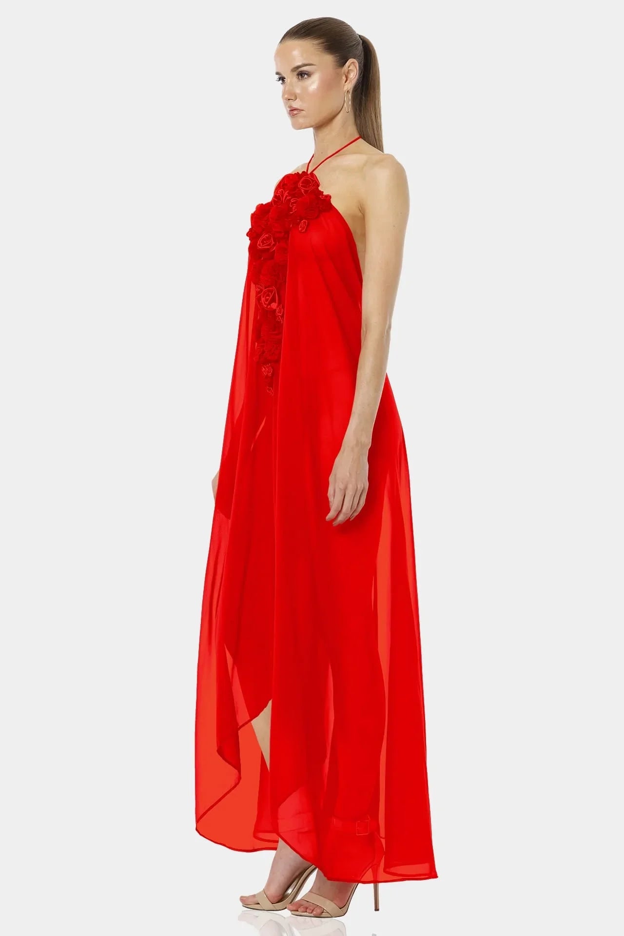 Floor Length Maxi Dress | 3D Flower Dress | Maxi Red Gown | Qishma Extra Large