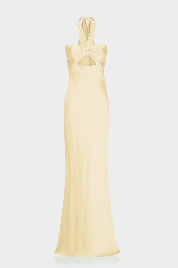 gold halter bridesmaid dress Champagne Satin Maxi Kissprom dresses