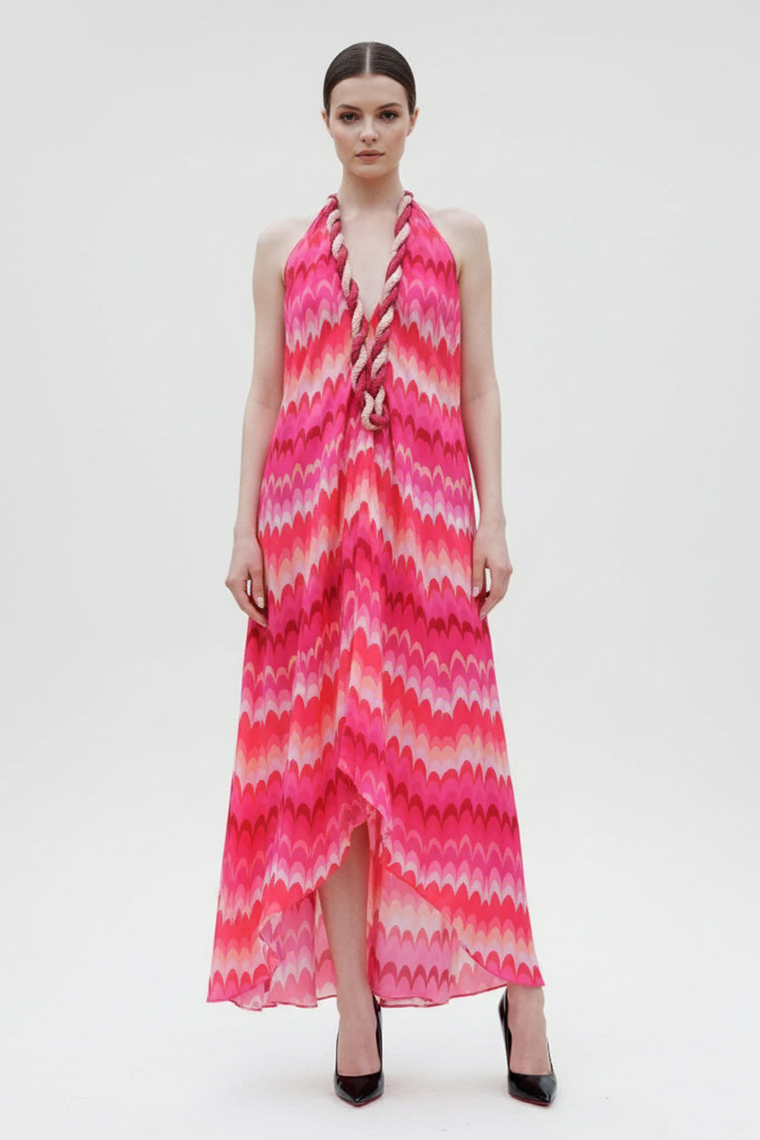 Fuchsia Chevron Halter High-Low Maxi Dress | Shahida Shahida Parides Fuchsia Chevron Halter High-Low Maxi Dress | Shahida Shahida Parides