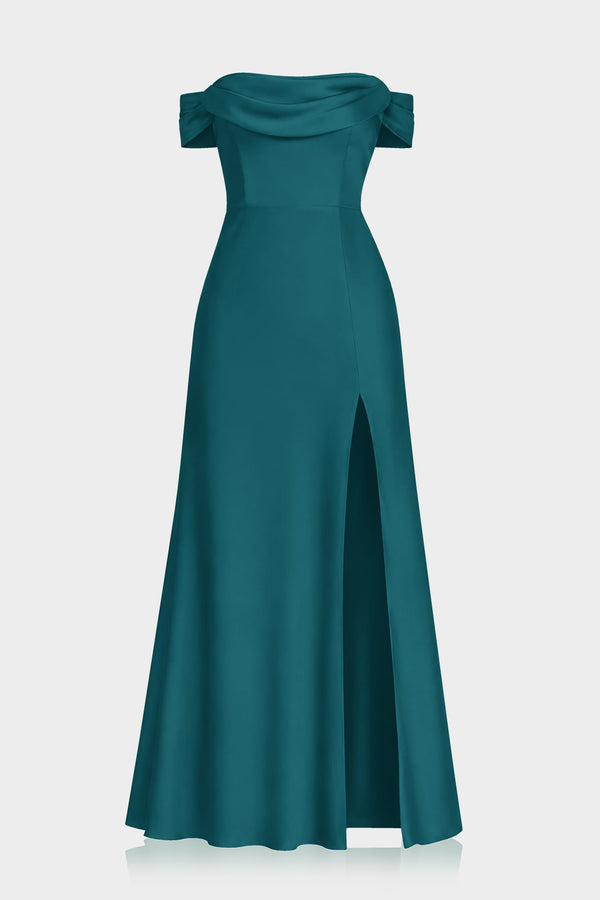 versatile bridesmaid dresses S Elegant Rich Teal Dress in Matte Satin with Side Slit Size:3-3/4