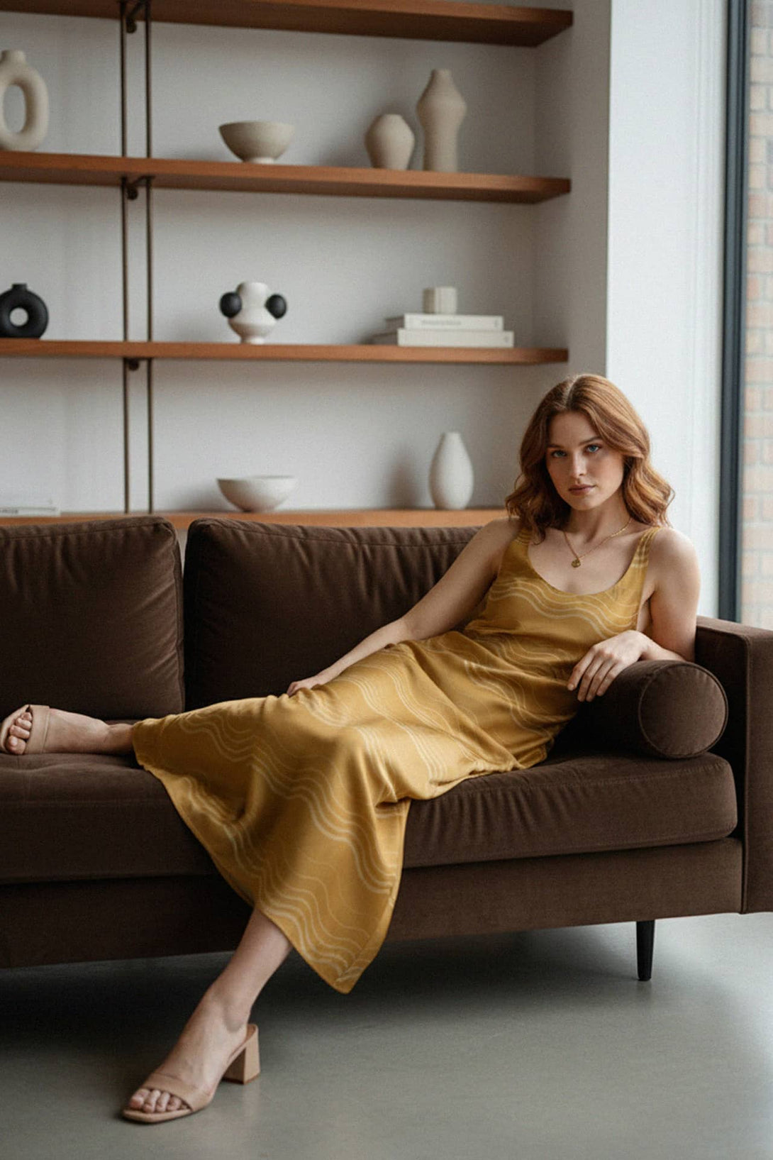 silk wavy dress, golden cami long, resort luxury style, womens printed slip, elegant comfy dress