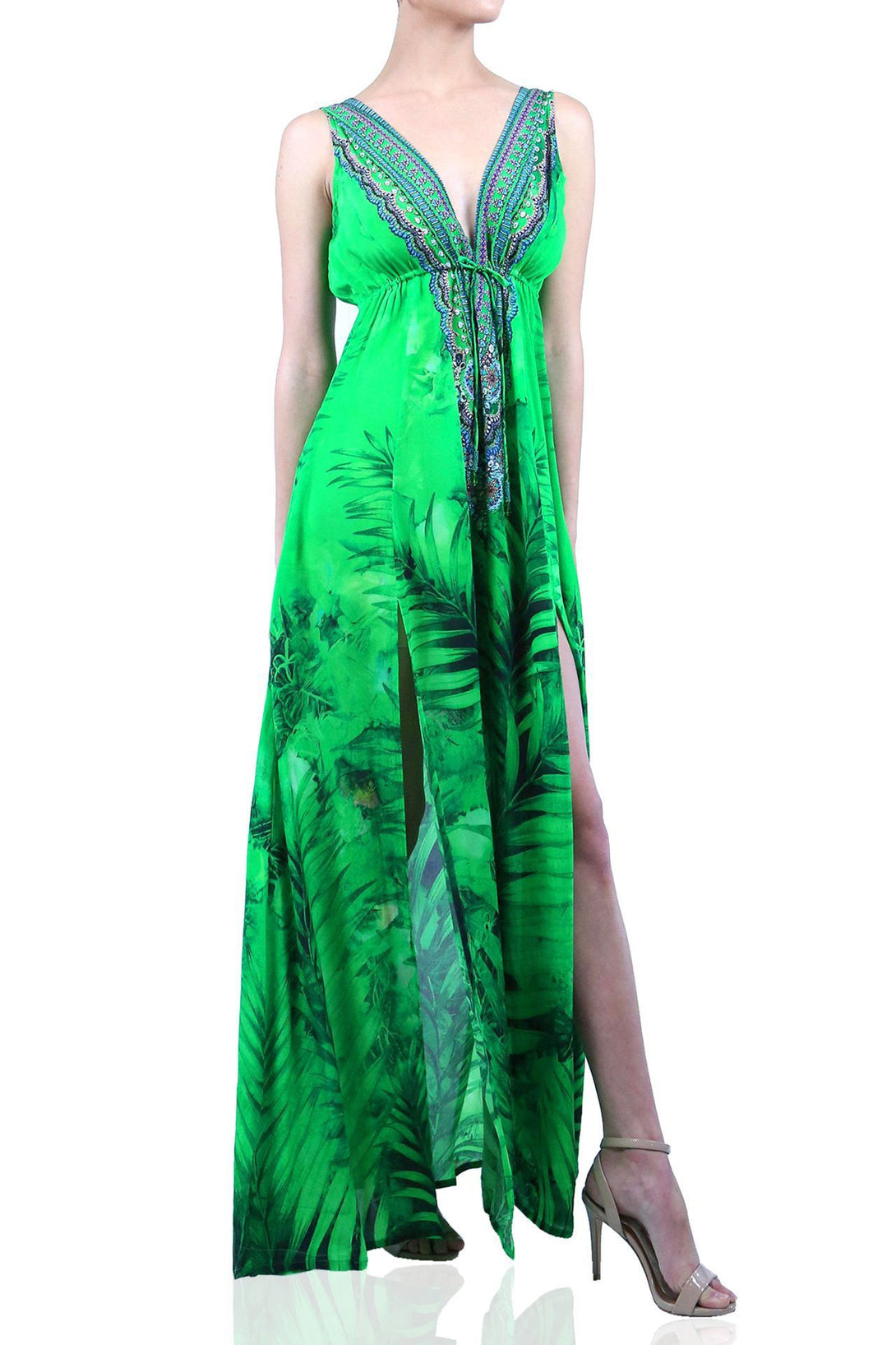  green long summer dress, summer maxi dresses for women, plunging v neck formal dress, Shahida Parides,