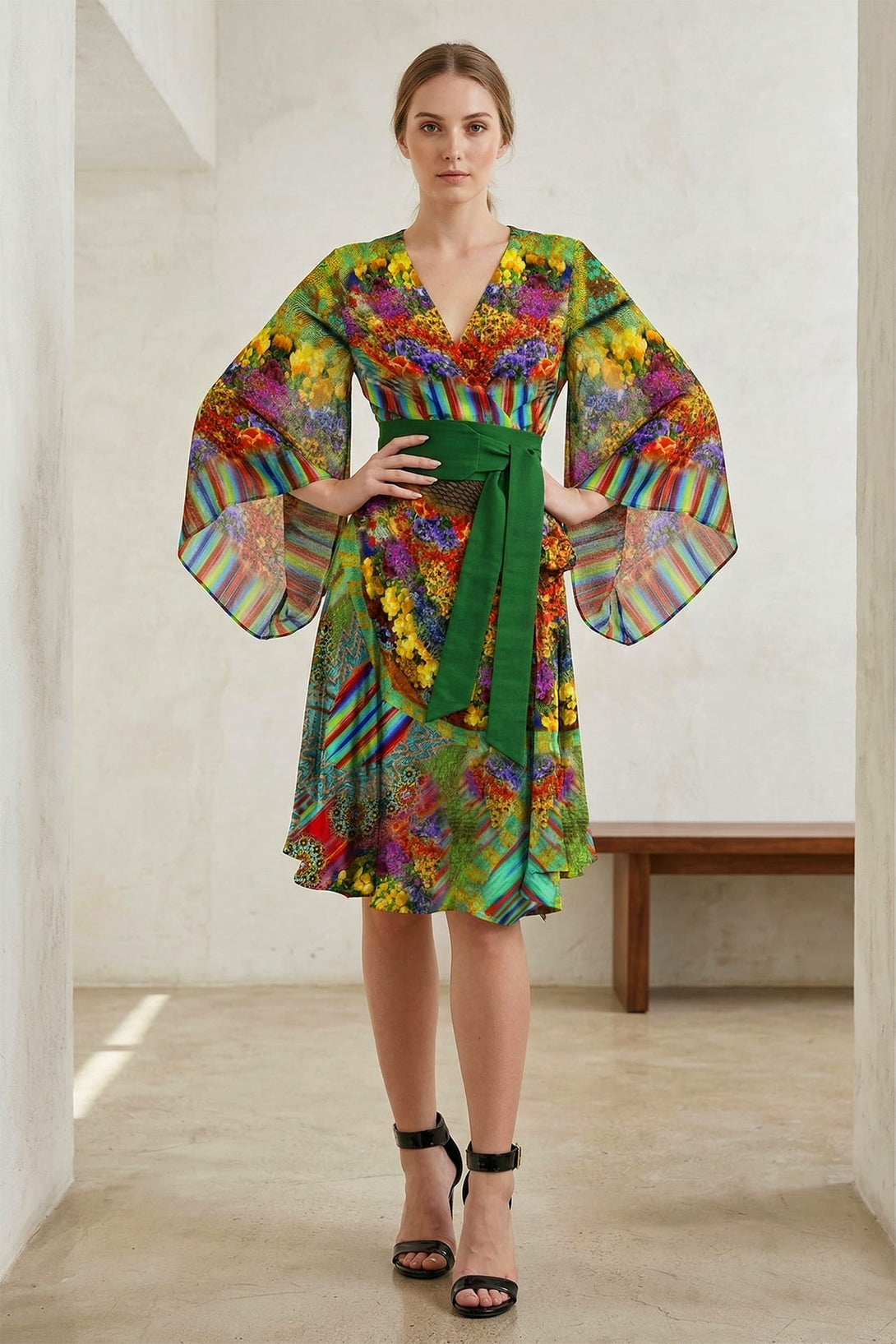 Green Floral Print Flared Sleeve Wrap Dress
