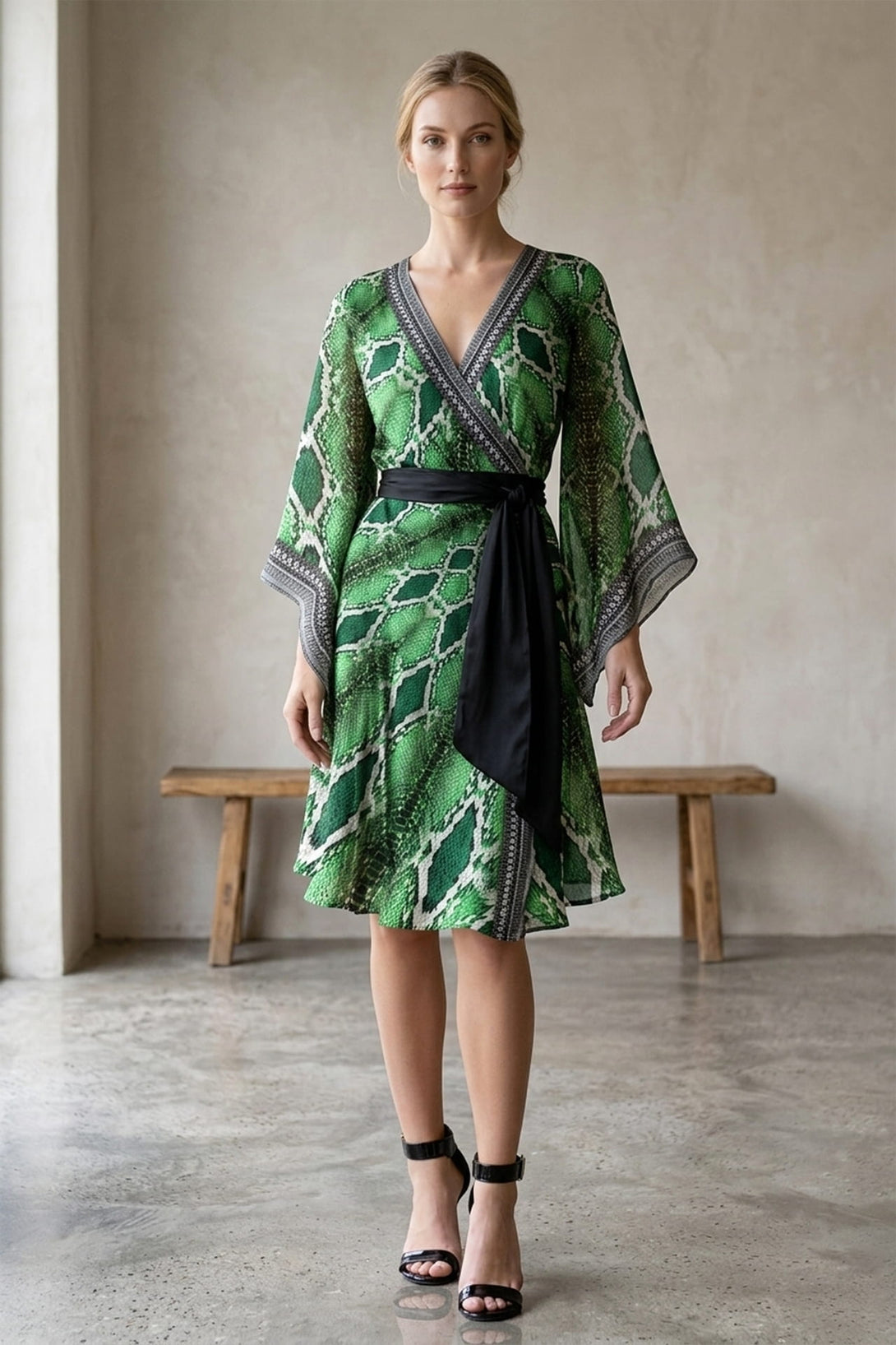 Green Envy Snake Print Wrap Dress