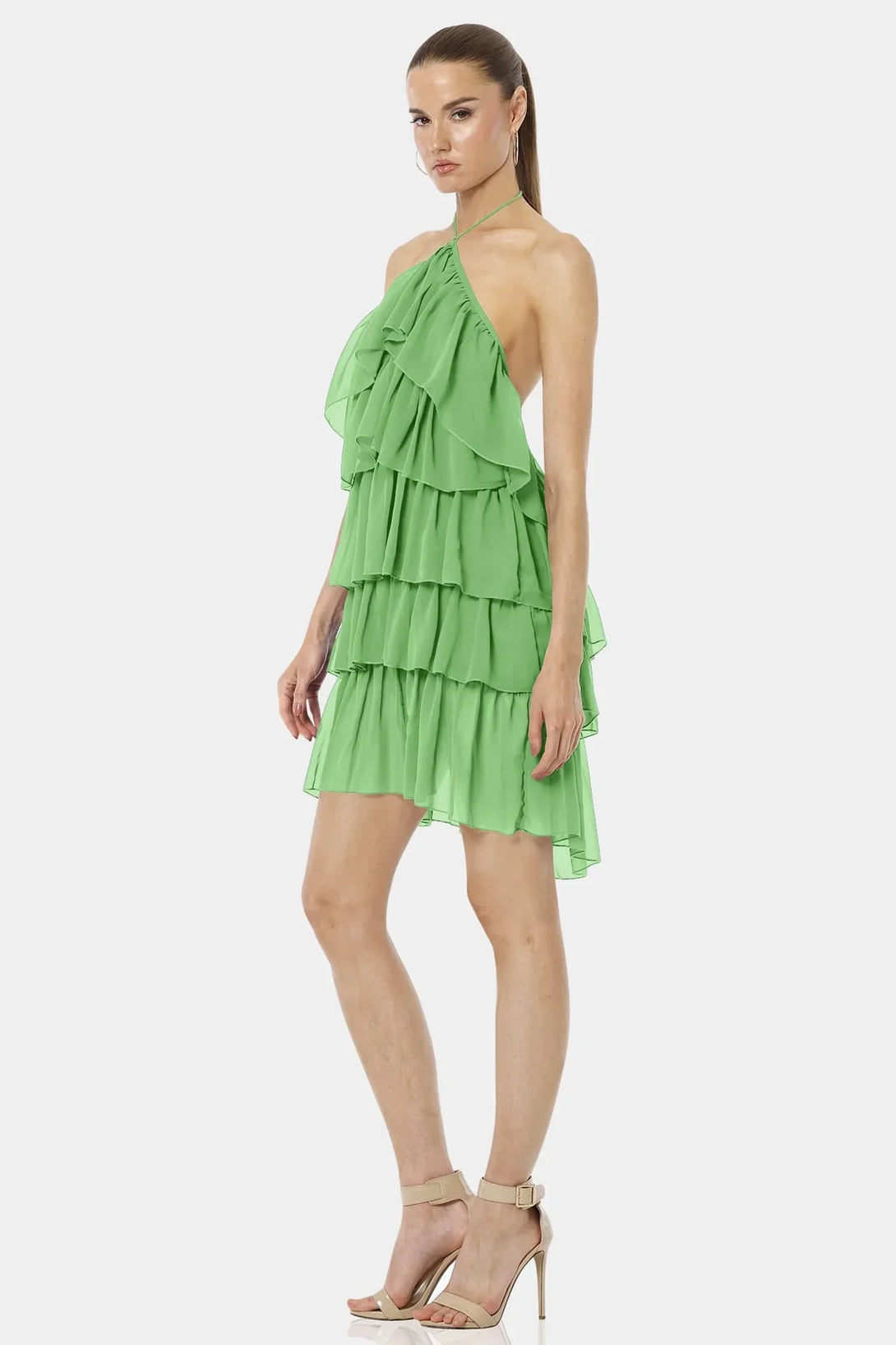 silk halter dress with folds around the neckline Satin Halter Gown with Ruffled Skirt and Rose Detail D5306