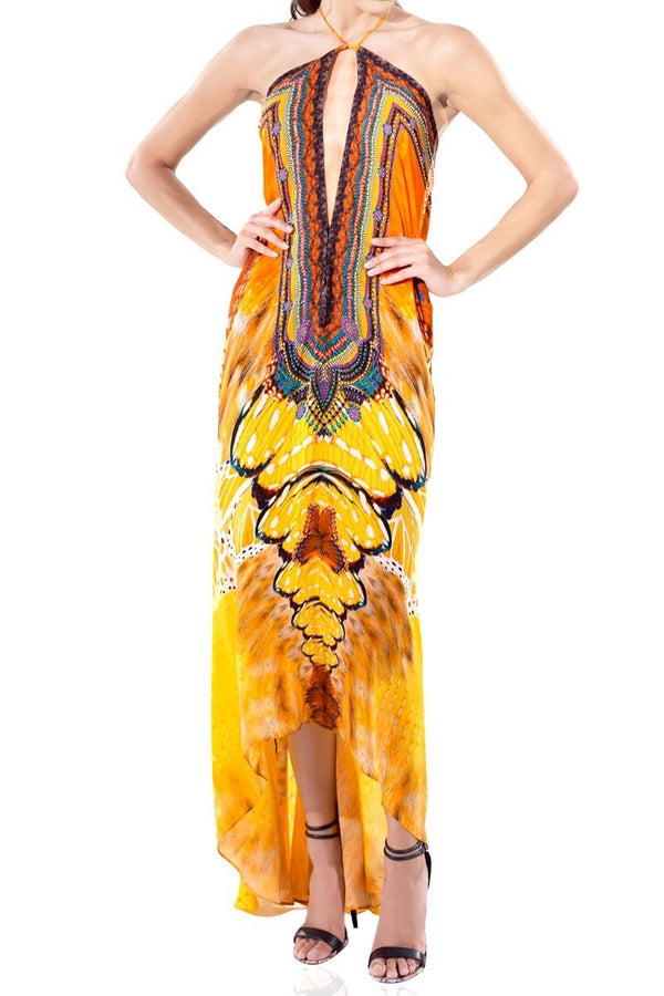  bright orange maxi dress, long summer dresses for women, plunge neck cocktail dress, Shahida Parides,