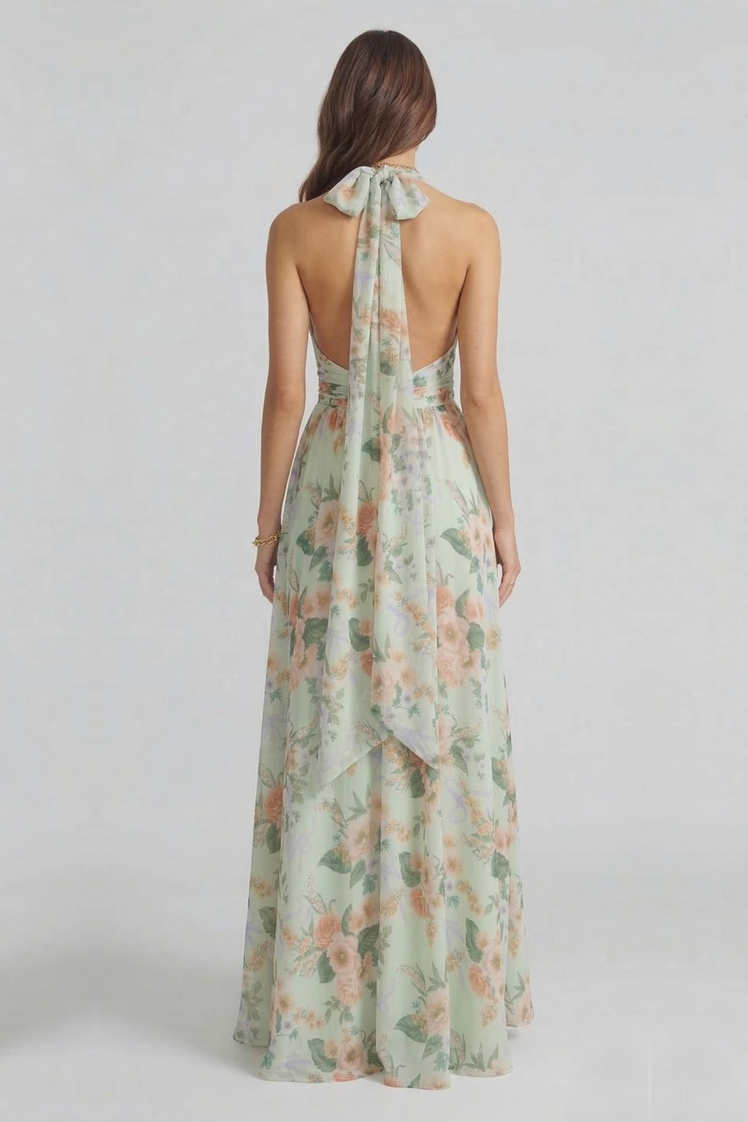 S Sage Floral Chiffon Halter Maxi Dress with Tie Back
