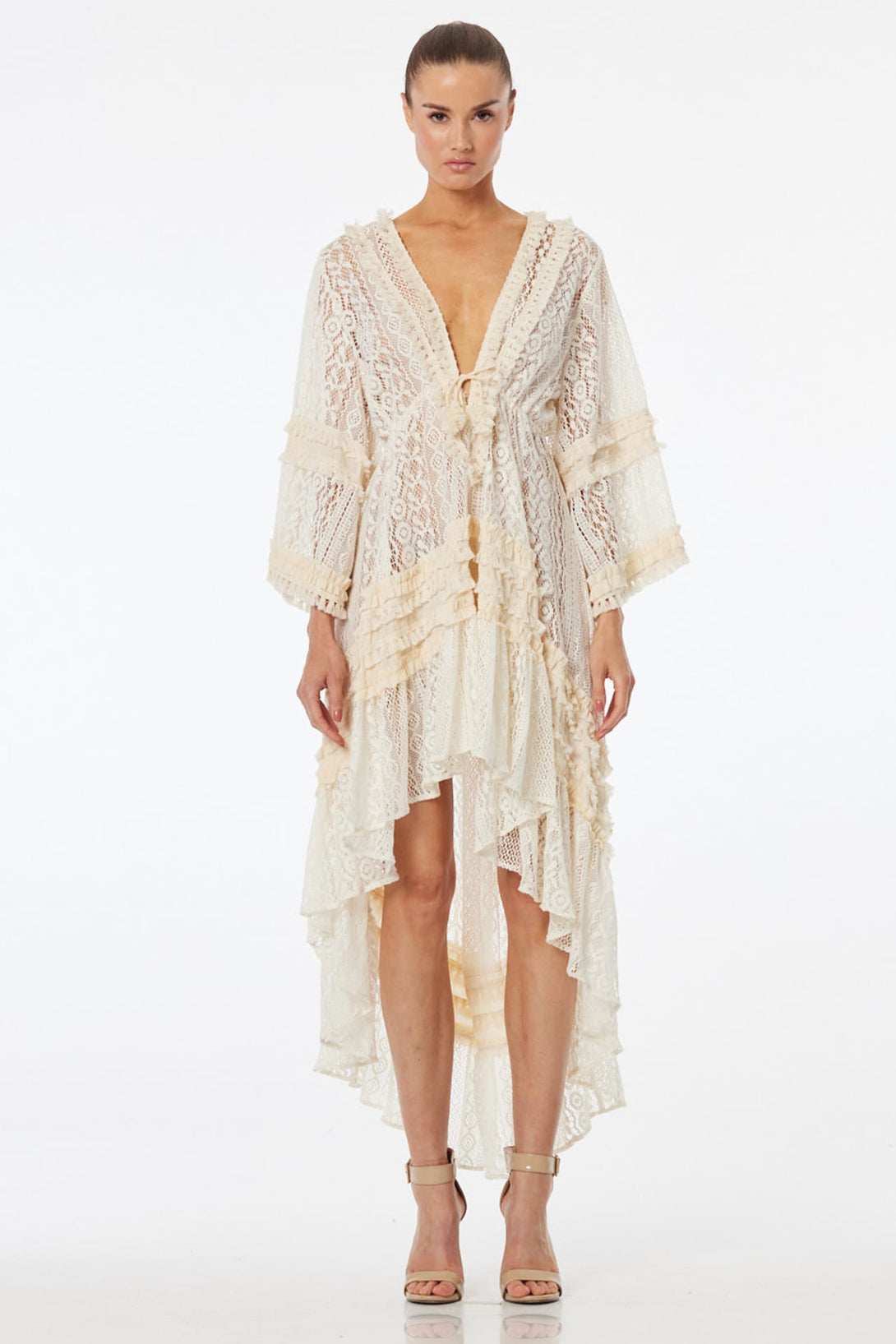 resort wear midi dresses S Ivory Lace Dress with Deep V Neck, Hi-Low Asymmetrical Hem & Ruffle Details toned knit silhouette hugs Color:Yellow(long) Vestido de gala para renaissance revival