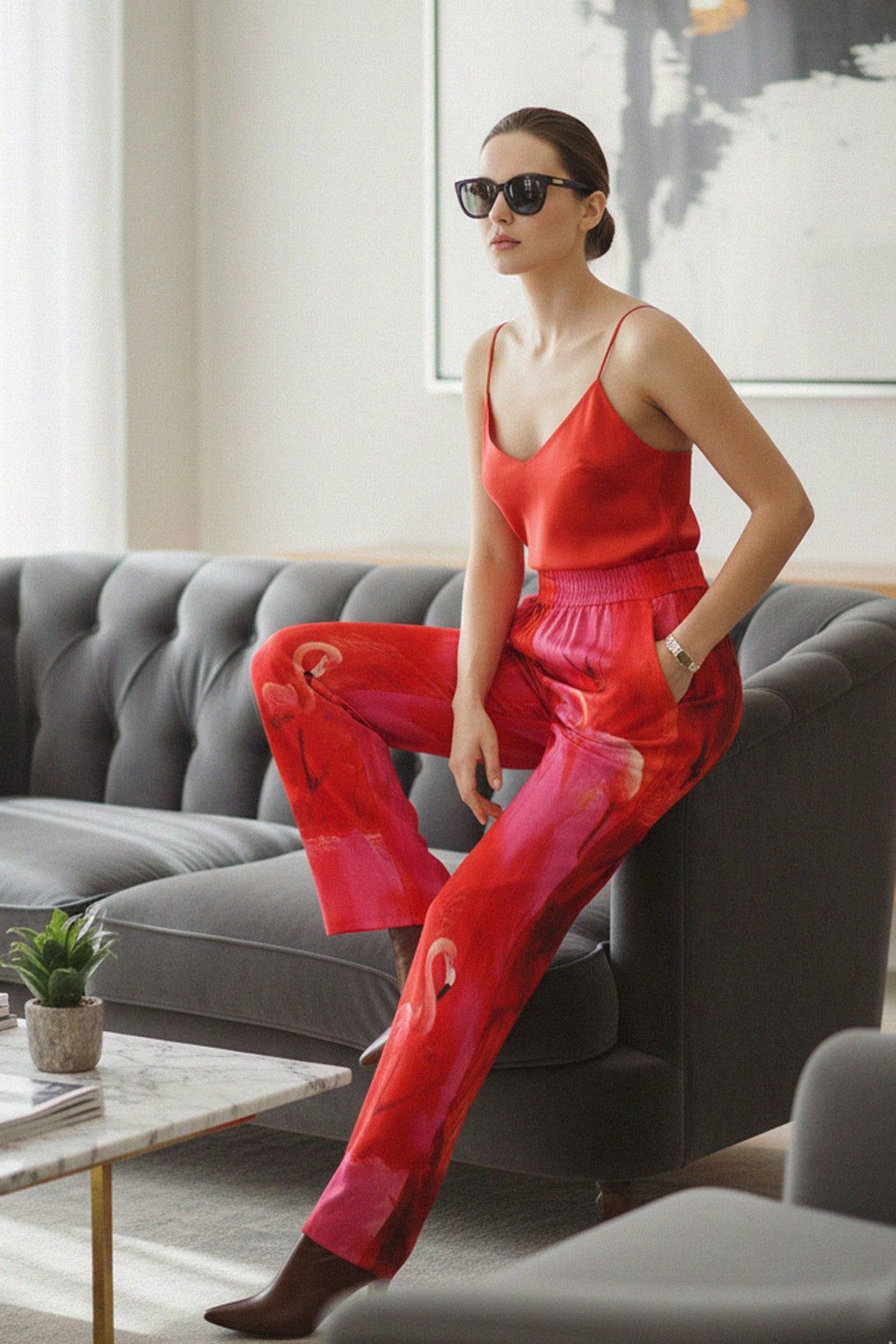 shahida-kyle-richards inspired, straight leg silk, fuchsia pants women, bold city fashion